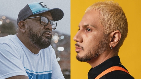 Left: Photo of DJ Babatr leaning on a fence and looking off to the right of the camera. He's wearing a white t-shirt, glasses and a baseball cap. Right: IMAABS looking to the left of the camera against a yellow backdrop
