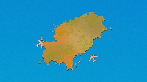 Graphic of the ibiza island with a blue background and planes