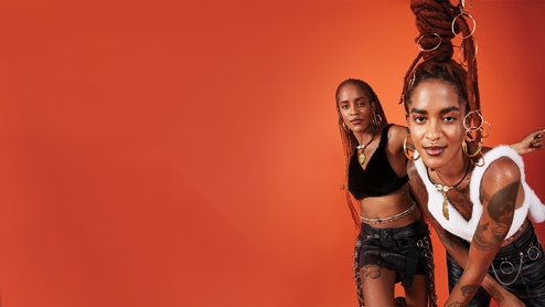 Photo of Coco and Breezy on an orange background. coco is behind and to the right of Breezy, how is leaning forward. Both are looking at the camera. 