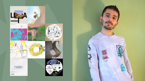 Green collage featuring artwork from Tristan Arp’s Selections alongside a photo of Tristan wearing a white long-sleeved shirt