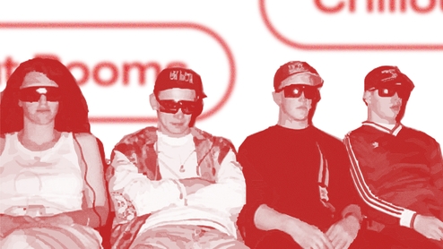 A an image showing four people in the '90s set on a background with typography reading "chillout rooms"