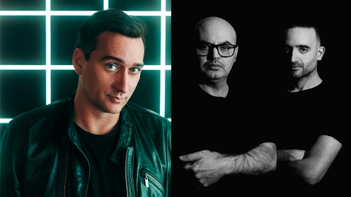 Left: Image of Paul Van Dyk wearing a leather jacket with a neon background, Right: Sean & Dee wearing black t-shirts in front of a black background