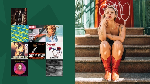 Photograph of Paurro sitting on a step outside of a building with a green wall and red door. SHe's wearing red cowboy boots and a black dress. On the left is a green background colour with a selections of album artworks included in her Selections feature
