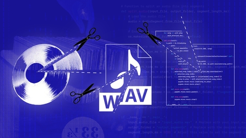 Blue graphic featuring featuring a CD getting sliced and a WAV file image getting sliced in half in front of white text computer code