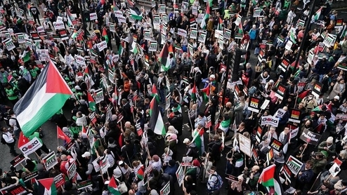 Photo taken from above depicting the crowd gathered for London's Pro-Palestine march on 28th October