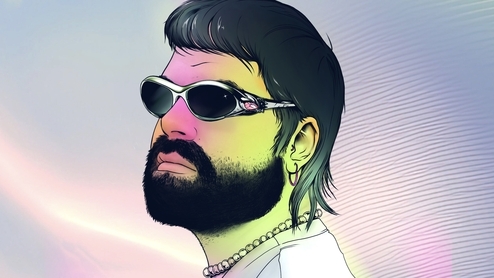 Pastel illustration of DJ and producer SIFON wearing sunglasses with a mullet