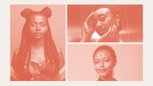 Photos of NIKS, Coco Em and [M] on a poster for Saffron and Black Artist Database’s new collaborative series