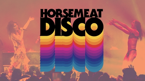 The Horse Meat Disco logo on an orange background with dancers