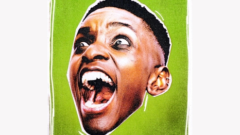 Illustrated photo of SHERELLE's with her mouth wide open in a yell. It's on a green backdrop like a postage stamp