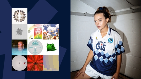Photo of Giulia Tess in a football kit in a changing room, next to a selection of album artworks chosen in her selections feature on a dark blue background