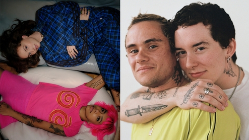 Left: A photo pf LUXE wearing blue pyjamas and Angel D'lite wearing pink pyjamas. Both are lying on a blanket. RIGHT: A photo of FAFF. Elliot's arm is wrapped affectionately around Orny from behind