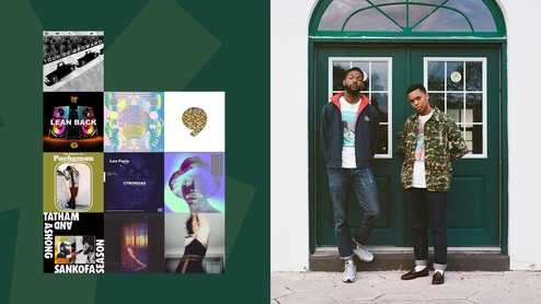 Photo of They Hate Change posing in front of a large green door. Beside them is a variety of packshots of releases chosen in their Selections