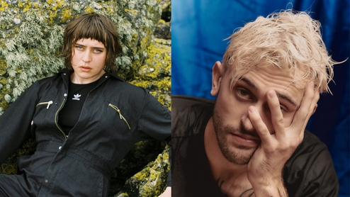 Left: press shot of Diesse lying on a sea moss covered rock wearing a black jumpsuit. Right: Eyeza posing in front of a blue curtain, holding his hand to his face