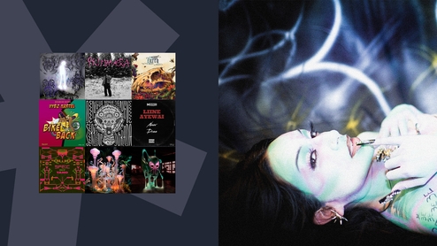On the right: press shot of Manuka Honey lying down in neon green and blue body paint and surrounded by swoops of light. On the left: 10 pieces of album artwork chosen as her Selections