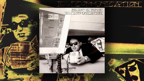 The cover of beastie boys' 'Ill Communication' on a dark background, with a distorted yellow version of the cover marked into it