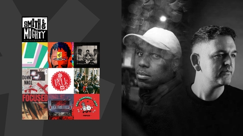 collection of album artworks next to a press shot of James Bangura and Om Unit