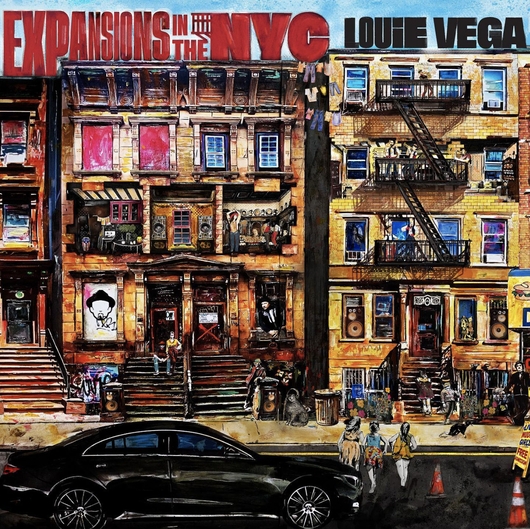 Louie Vega album cover showing his name and album title on an oil painting of a residential a New York street