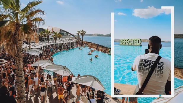 A photo of the pool and crowd at Defected's Malta festival with an image of someone in a Defected t shirt taking a photo