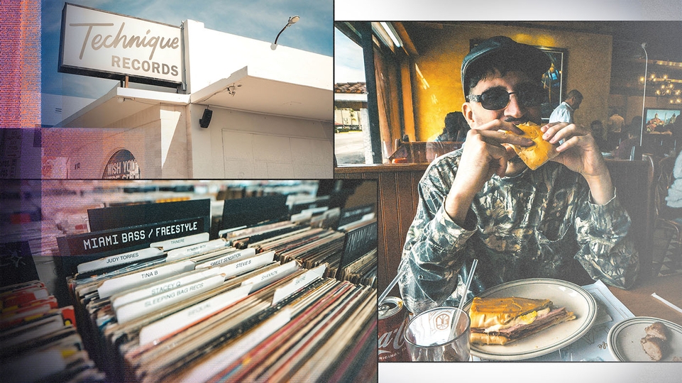 Record store section reading Miami Bass/Freestyle. Danny Daze eating a sandwich