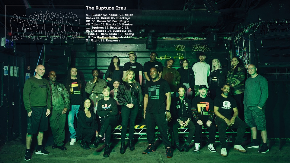 The whole rupture crew stood as a group in Corsica Studios
