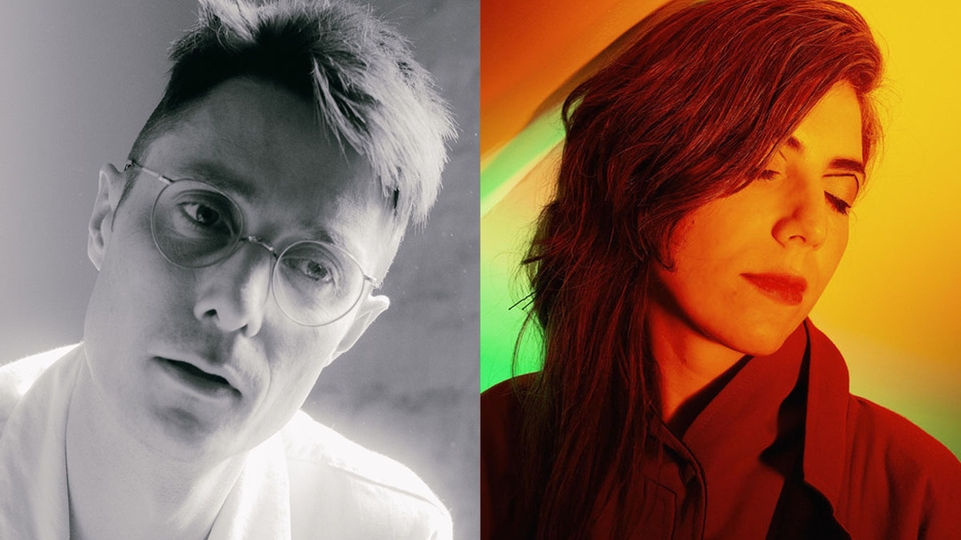 Left: Black and white press shot of call super wearing a white shirt and glasses Right: Press shot of Julia Holter in a warm orange light