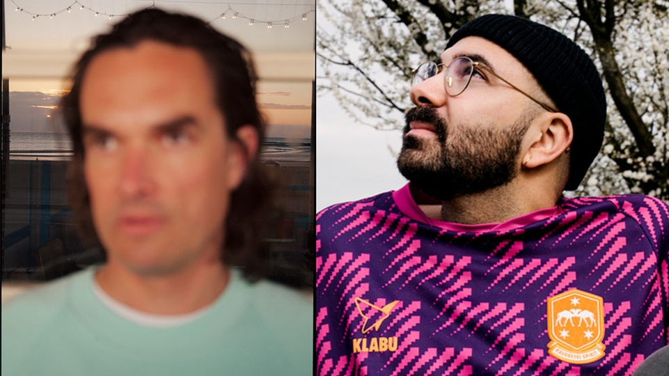 Photos of Night Works and Moving Still side by side. Night Works photo on the left is blurry and he stands in front of a sunset in a green jumper. Moving Still is sitting under a tree in a pink and purple football jersey, black beanie hat and glasses