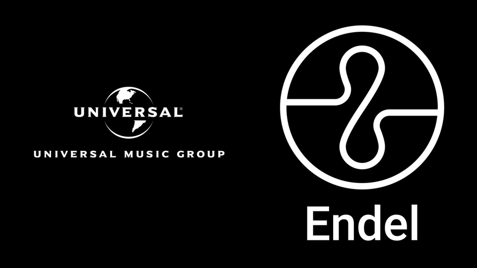 Universal Music Group logo and Endel logos in white on a black backdrop