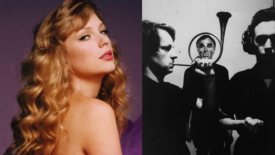 Cover art for Taylor Swift's ‘Speak Now (Taylor's Version)’ vinyl next to a black and white press shot of Cabaret Voltaire