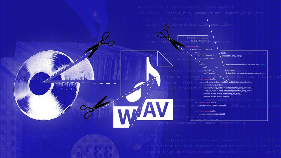 Blue graphic featuring featuring a CD getting sliced and a WAV file image getting sliced in half in front of white text computer code