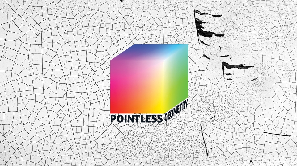 The Pointless Geometry logo, depicting a multi-coloured cube above the label's name on a grey background with a cracked black line texture