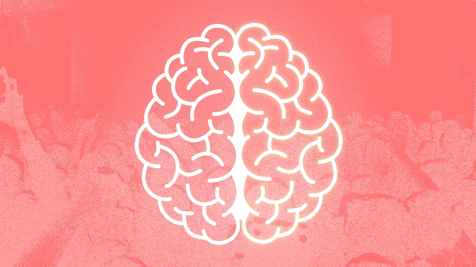 Graphic featuring a glowing brain on an orange background