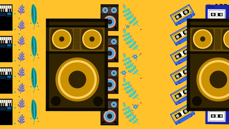 Illustrated image of a sound system, leaves, and cassettes on a yellow background