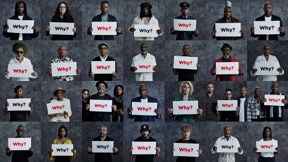 Selection of photos of people holding white placards with the word "Why?" on them
