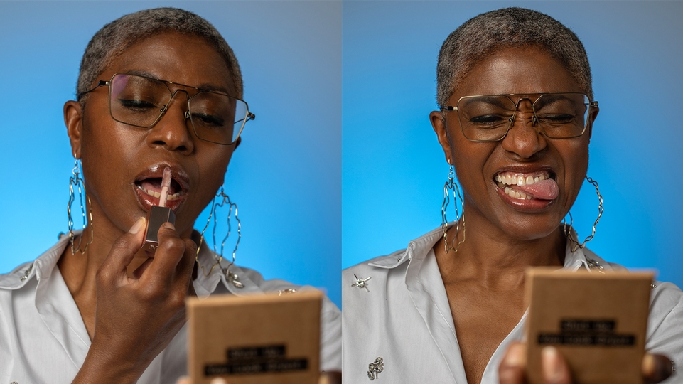 Two photos of DJ Paulette side by side. On the right, she's applying lipstick. On the lift she's grinning with her tongue sticking out facing a hand mirror