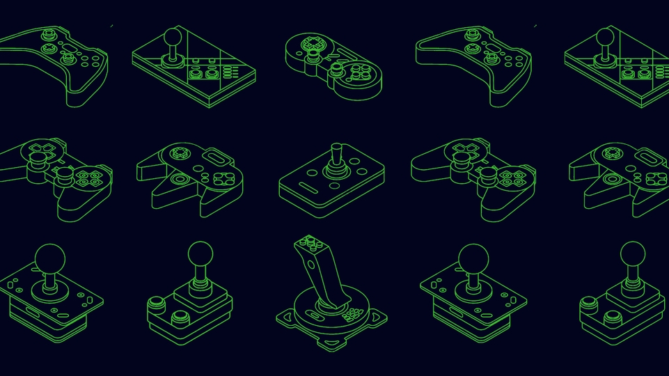 Graphic featuring illustrations of classic video game consoles and controllers in green on a navy background