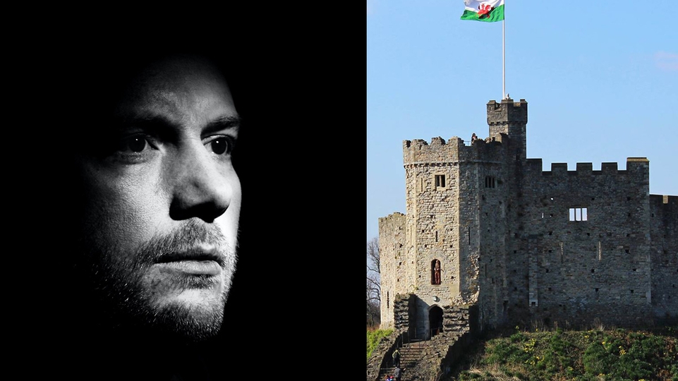 Eric Prydz black and white photo next to one of Cardiff Castle