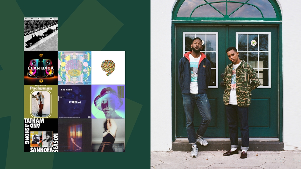 Photo of They Hate Change posing in front of a large green door. Beside them is a variety of packshots of releases chosen in their Selections