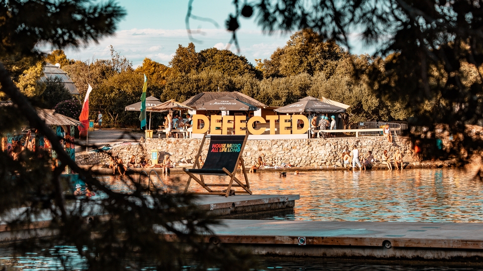 Photo of the Defected logo surrounded by palm trees and a serene blue lake