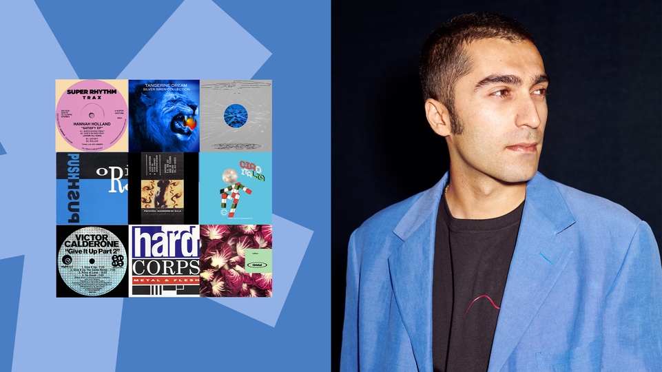 On the right: Kasra V posing in a light blue suit jacket. On the Left: a variety of album artworks chosen as part of Kasra V's Selections