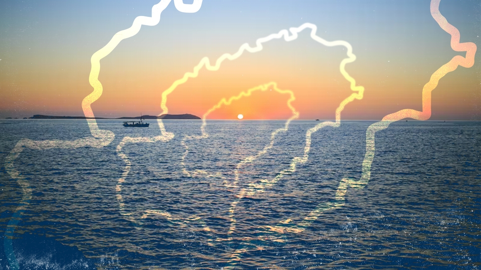 Sunset and map of Ibiza