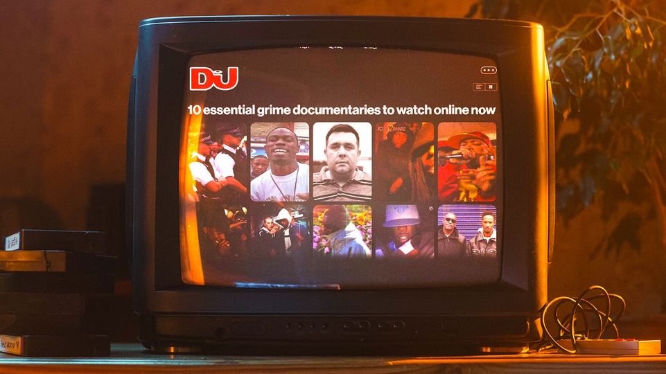 Photo of a TV with various photos of grime artists and the DJ Mag logo