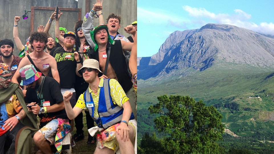 A photo of a group of people named Ben together at Boomtown next to a picture of Ben Nevis the mountain